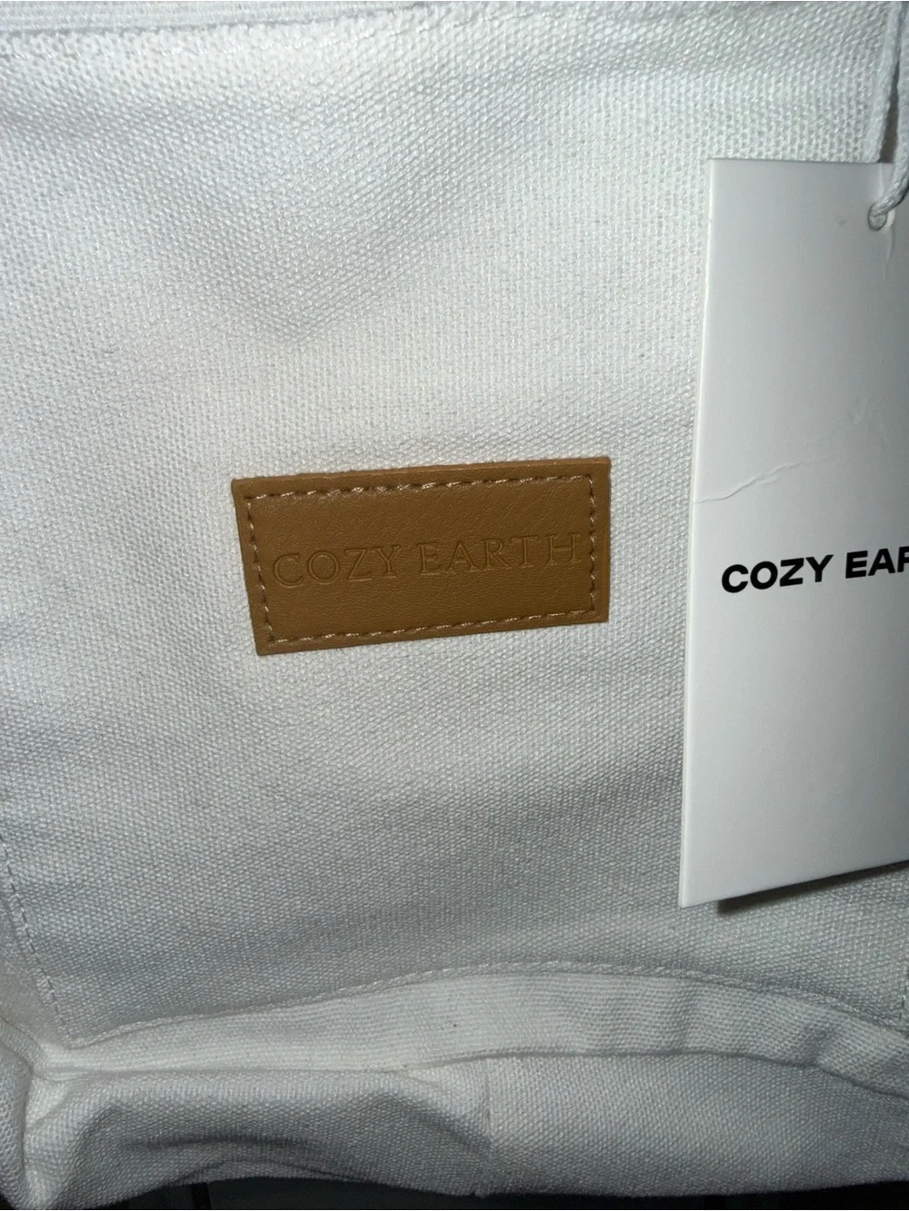 Cozy Earth Canvas Tote Bag Off White Tan Vegan Leather Handles NWT